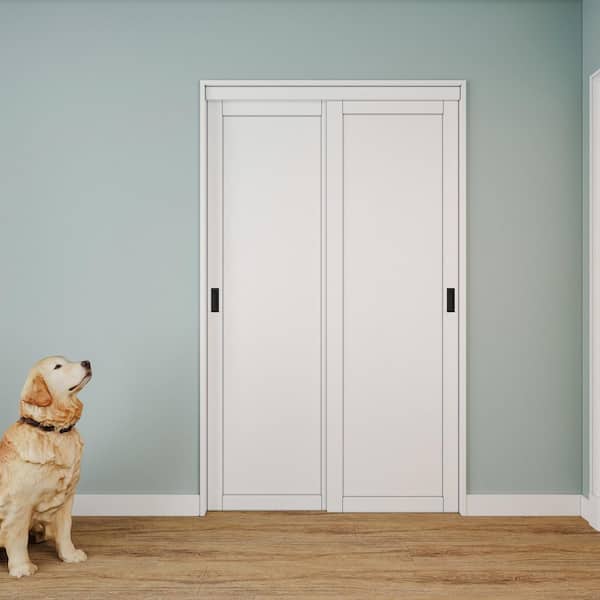 48 in. x 96 in. Paneled 1-Lite White Finished MDF Muti-Design Sliding Door with Hardware