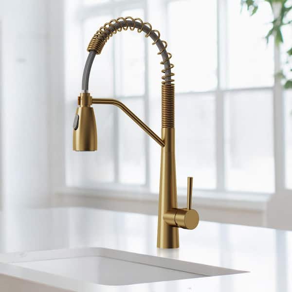 2-Spray Single Handle 20 in. Pull Out Kitchen Faucet with 360° Swivel in Brushed Gold