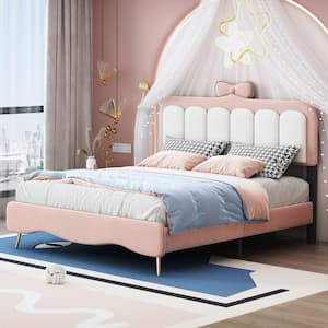 White and Pink Full Size Velvet Platform Bed Princess Kids Bed with Bow-Knot Headboard