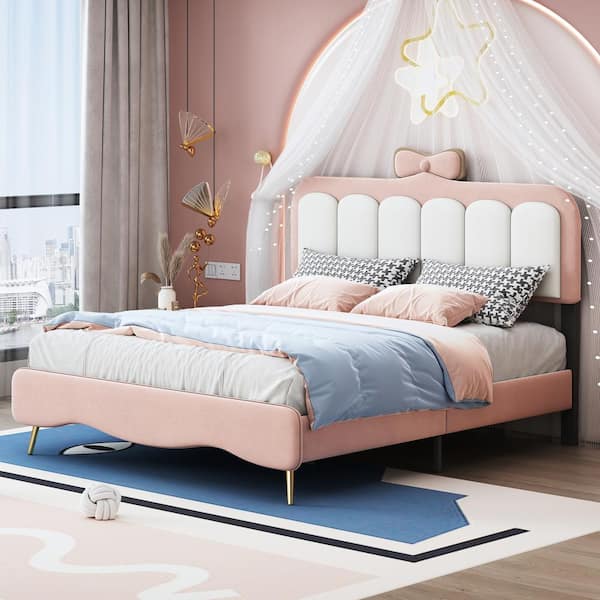 Harper & Bright Designs White and Pink Full Size Velvet Platform Bed Princess Kids Bed with Bow-Knot Headboard