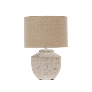 18.75 in. Distressed White Cement Table Lamp with Beige Linen Drum Shade