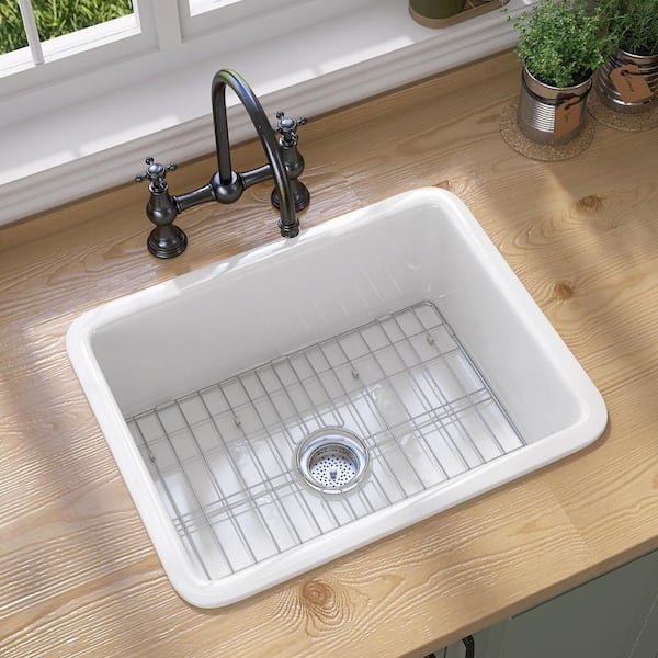 24 in. Undermount/Drop-in White Kitchen Sink Single Bowl Fireclay Rectangular Sink Center Drain with Accessory Kit