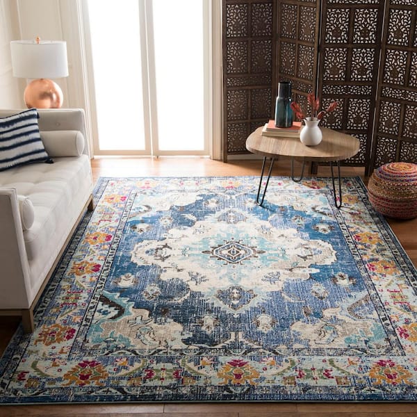 Monaco Navy/Light Blue 11 ft. x 15 ft. Distressed Border Medallion Area Rug