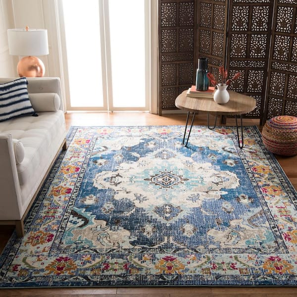 Monaco Navy/Light Blue 12 ft. x 18 ft. Distressed Border Medallion Area Rug