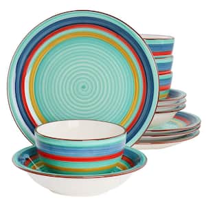 Rainbow 12-Piece Green Multi Stoneware Dinnerware Set