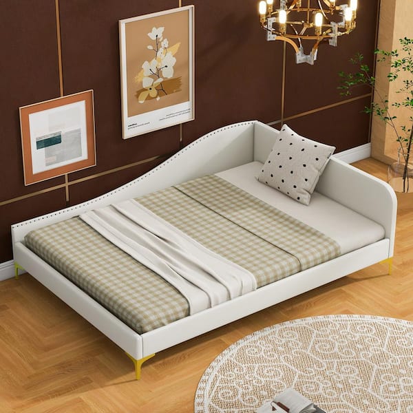 Harper & Bright Designs Beige Wood Frame Full Size Linen Upholstered Daybed with Headboard and Armrest, Nailhead Decoration, Golden Legs