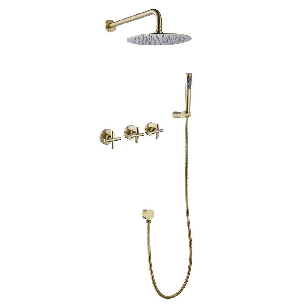 Triple Handle 1-Spray Wall Mount Shower Faucet 2.9 GPM with Ceramic Disc Valves Brass Shower Faucet Set in. Brushed Gold price history on PriceWatchPro