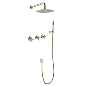 Triple Handle 1-Spray Wall Mount Shower Faucet 2.9 GPM with Ceramic Disc Valves Brass Shower Faucet Set in. Brushed Gold