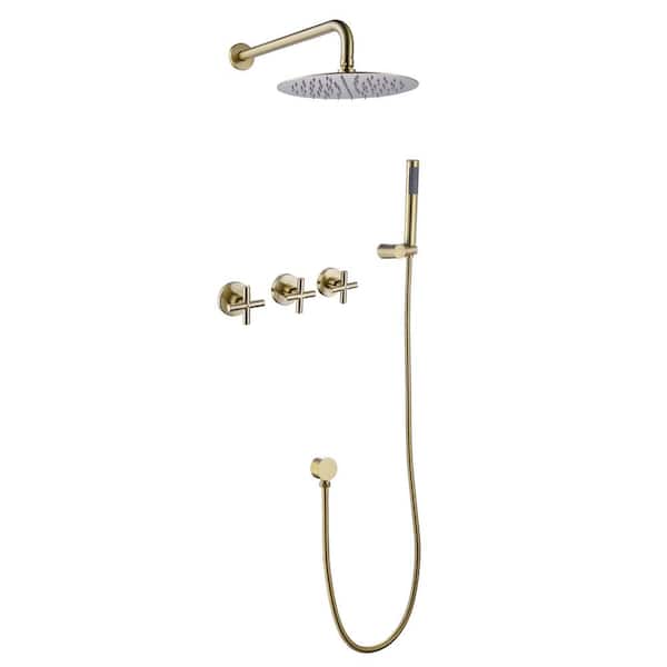 AIMADI Triple Handle 1-Spray Wall Mount Shower Faucet 2.9 GPM with Ceramic Disc Valves Brass Shower Faucet Set in. Brushed Gold