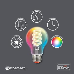 60-Watt Equivalent Smart A19 Clear Color Changing CEC LED Light Bulb with Voice Control Powered by Hubspace (2-Pack)