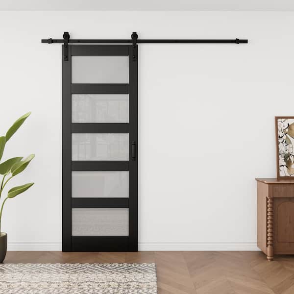 30 in. x 84 in. 5-Lite Tempered Frosted Glass Black Finished MDF Sliding Barn Door with Hardware Kit and Soft Close