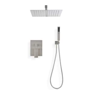 1-Spray Patterns 12 in. Wall Mount Square Rainfall Dual Shower Heads with Handheld in Brushed Nickel