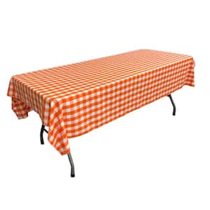 60 in. x 84 in. White and Orange Checkered Rectangular Tablecloth