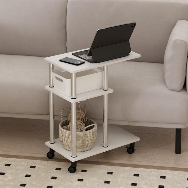 Tomi 19.69 in. White Oak/Stainless Steel Wood C Shaped End Table with Wheels