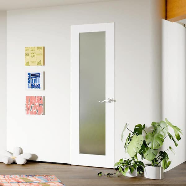 28 in. x 80 in. Full Lite, Frosted Glass, White Primed Composite Prehung Interior Door Left-Handed w/ Jamb and Hardware