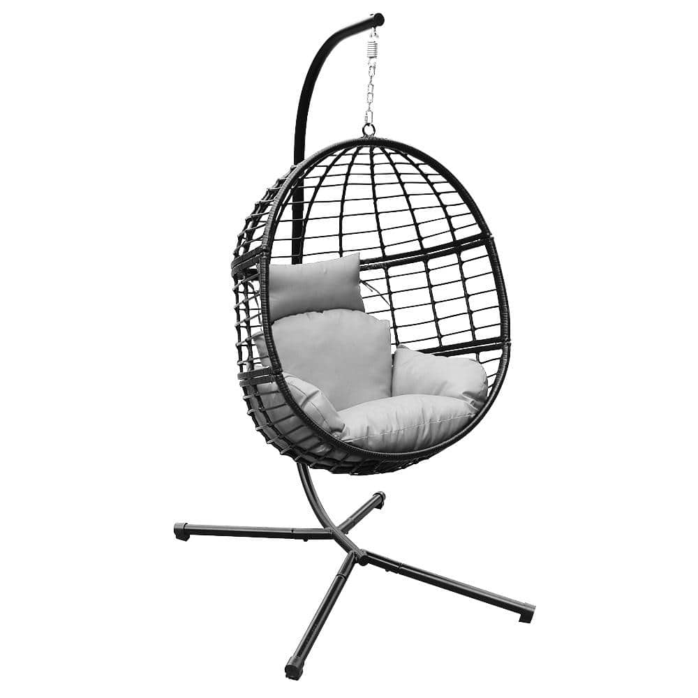 Maypex 78 in. Black Steel Stand Wicker Outdoor Basket Swing Chair with ...