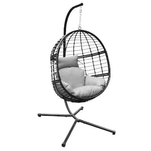 78 in. Black Steel Stand Wicker Outdoor Basket Swing Chair with Grey Cushions
