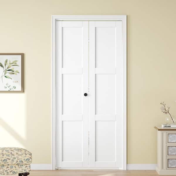 36 in. x 80 in. 3-Lite Solid Core Panel White Finished MDF Wood Bi-fold Door with Hardware