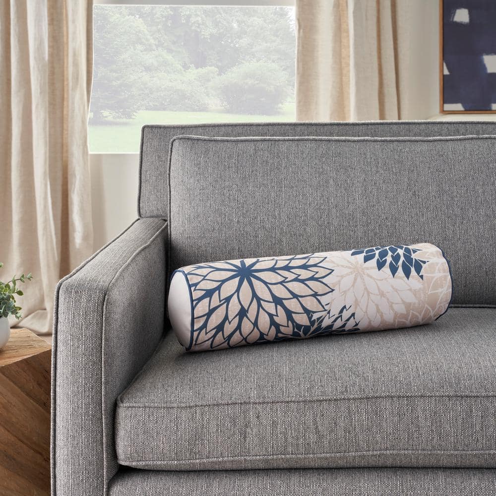 Ivory and Navy Floral Outdoor Bolster Pillow 6" x 20"