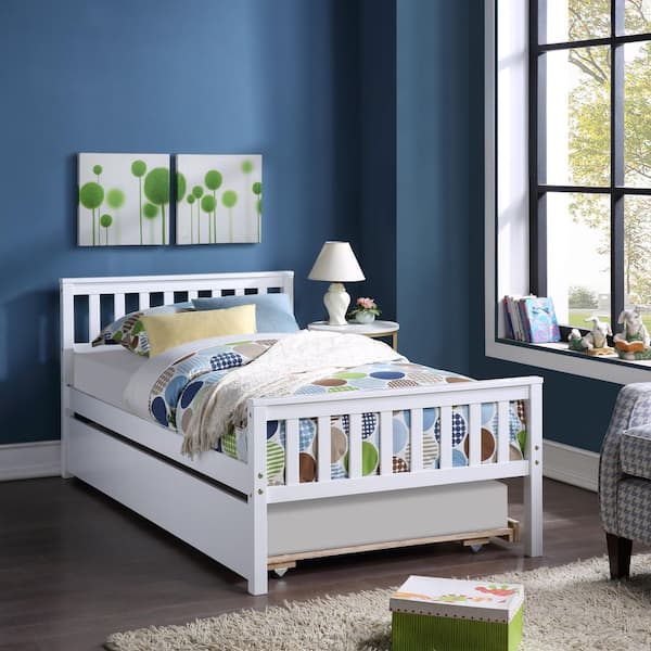 White Wood Frame Twin Size Platform Bed with Trundle, Platform Bed Frame with Headboard and Footboard