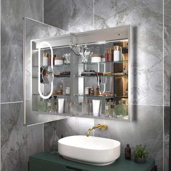 ExBrite Deluxe 24 in. W x 32 in. H Rectangular Recessed/Surface Mount Right Medicine Cabinet with Mirror, Backlit & Front Light