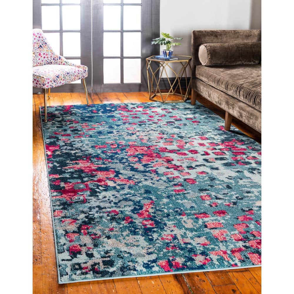 Jardin Collection Blue and Pink Abstract Modern Area Rug, 8 x 11 ft