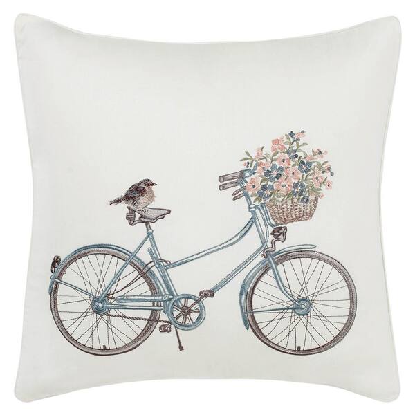 Laura Ashley La Bicycle White 1-Piece 20 in. x 20 in.Cotton Throw Pillow