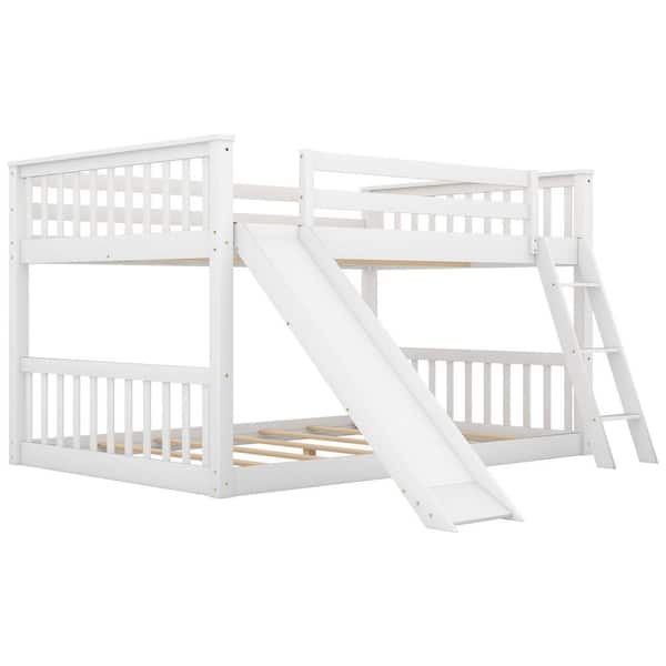 Clihome Solid Wood White Full Over Full Bunk Bed with Convertible Slide and Ladder