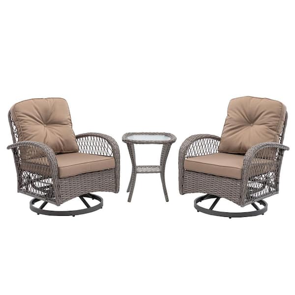 Unbranded 3-Piece Steel Patio Conversation Set with 360°  Rotation Chairs, Khaki Thickened Cushions and Glass Coffee Table
