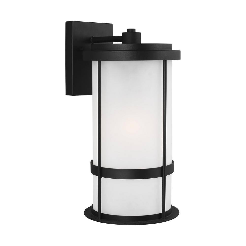 Black and Bronze Cylinder Outdoor Wall Lantern with Satin Etched Glass