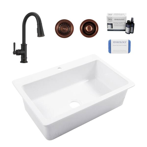 Jackson 33 in. 1-Hole Drop-In Single Bowl Crisp White Fireclay Kitchen Sink with Port Haven Bronze Faucet Kit