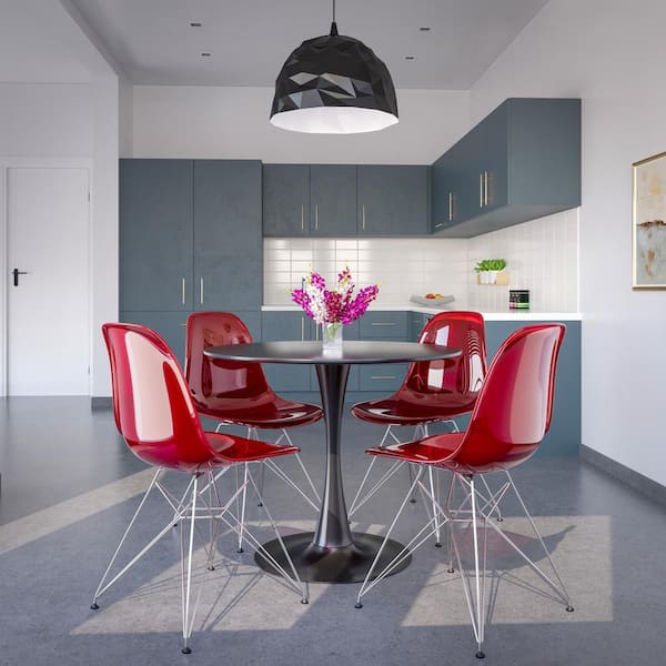Leisuremod Cresco Acrylic Dining Chair with Chrome Metal Frame Accent Side Chair Eifel Base in Transparent Red