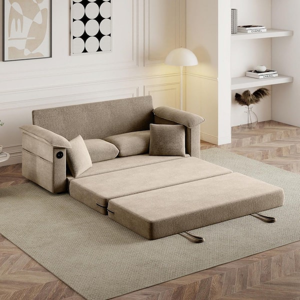 Whyet 70.9 in. Khaki Chenille Convertible Full Size 3-Folding Sleeper Sofa Bed with USB Charging, Storage Pockets