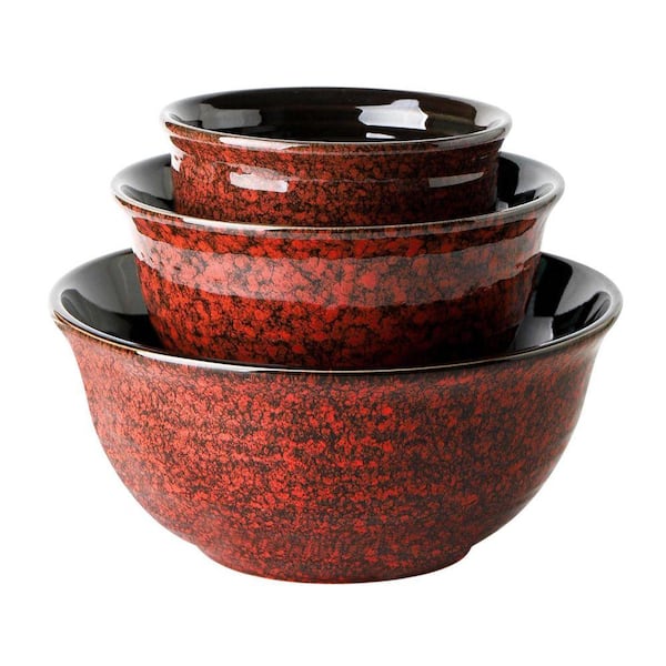 3-Piece Red Ceramic Mixing Bowl Set with Ripple Finish, Oven Dishwasher Microwave Safe, Baking Serving Kitchen
