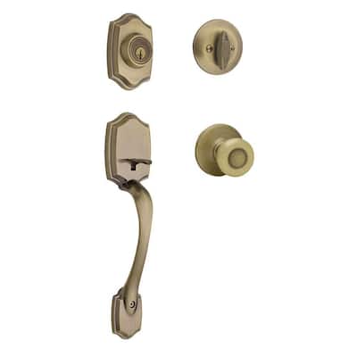 Belleview Antique Brass Single Cylinder Door Handleset with Tylo Door Knob Featuring SmartKey Security