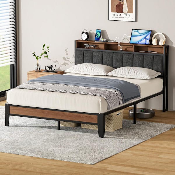 Gray Metal Frame Queen Upholstered Platform Bed with Charging Station and Storage Headboard