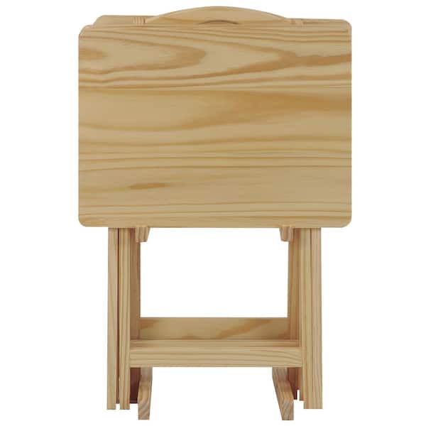 5 Piece Natural Foldable Tray Table, Wooden Tv Dinner Trays