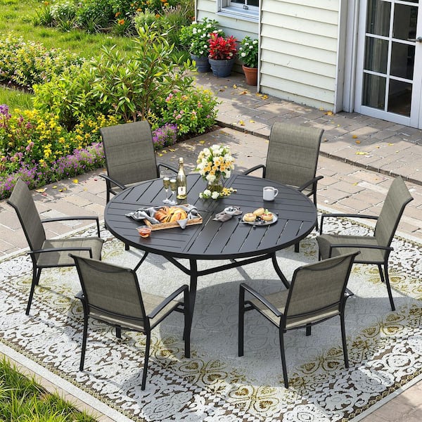 vicllax 7 Piece Metal Outdoor Dining Set with 50 in. Black Round Table ...