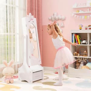 White Wood 12.5 in. Kids Jewelry Cabinet with Full-Length Mirror Drawer 2-Adjustable Tilt Angles