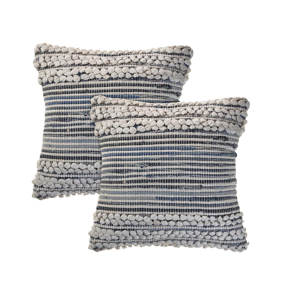 Mandy Blue/Ivory Stripe Cotton Blend 18 in. x 18 in. Indoor Throw Pillow (S