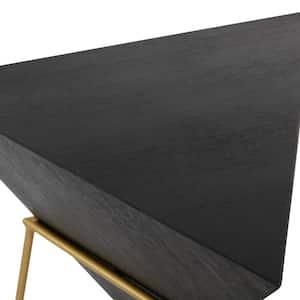 17 in. Black Inverted Pyramid Geometric Large Triangle Wood End Table with Gold Metal Stand