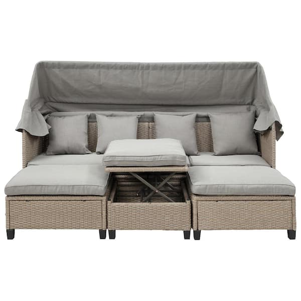 Unbranded Charles Beige Wicker Outdoor Chaise Lounge with Beige Cushions