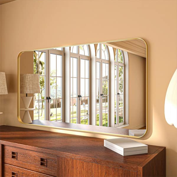 ORGANNICE 55 in. W x 30 in. H Rectangular Aluminum Framed Modern Gold Rounded Wall Mirror