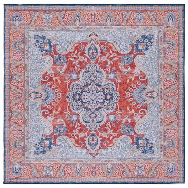 SAFAVIEH Tucson Rust/Blue 6 ft. x 6 ft. Machine Washable Floral Medallion Border Square Area Rug