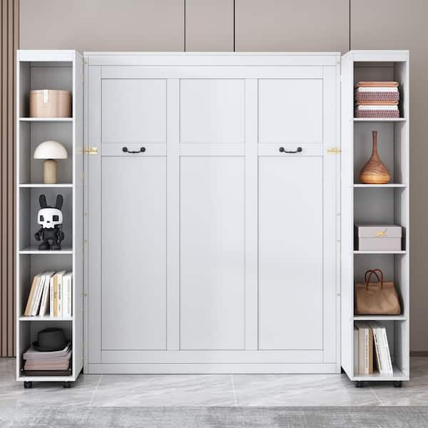White Wood Frame Queen Size Murphy Bed with Storage Doors