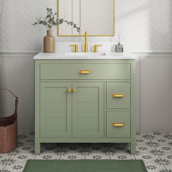 Stanhope 37 in. Single Sink Freestanding Moss Green Bath Vanity with Crystal White Engineered Stone Top (Assembled)