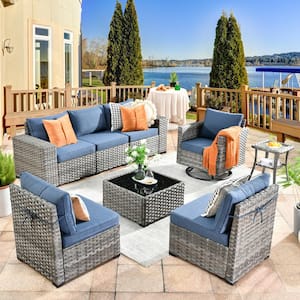 Crater Grey 8-Piece Wicker Wide-Plus Arm Patio Conversation Sofa Set with a Swivel Rocking Chair and Denim Blue Cushions
