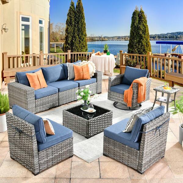 HOOOWOOO Crater Grey 8-Piece Wicker Wide-Plus Arm Patio Conversation Sofa Set with a Swivel Rocking Chair and Denim Blue Cushions