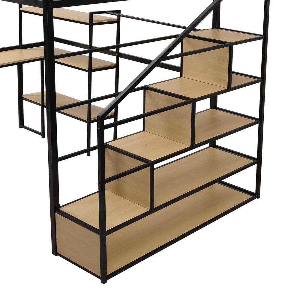 Full Size Black Metal Loft Bed with Desk and Storage Shelves