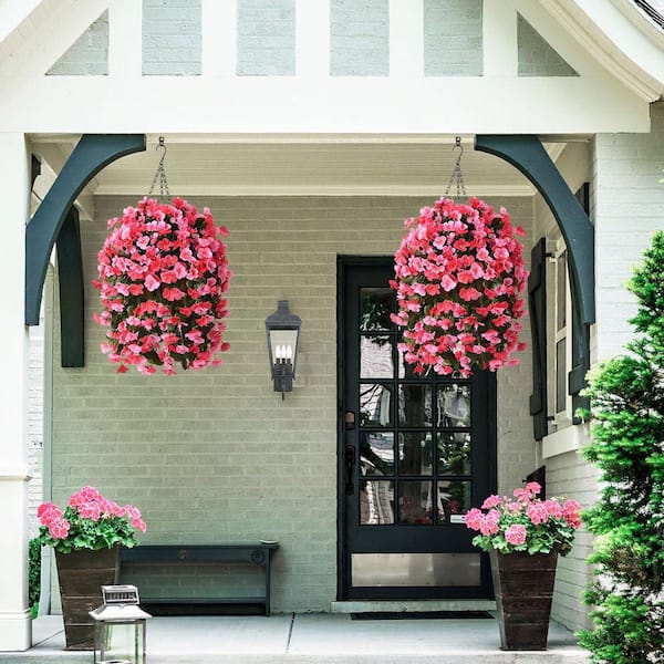 24.8 in. Deep Pink Artificial Hanging Begonia Flowers in Basket